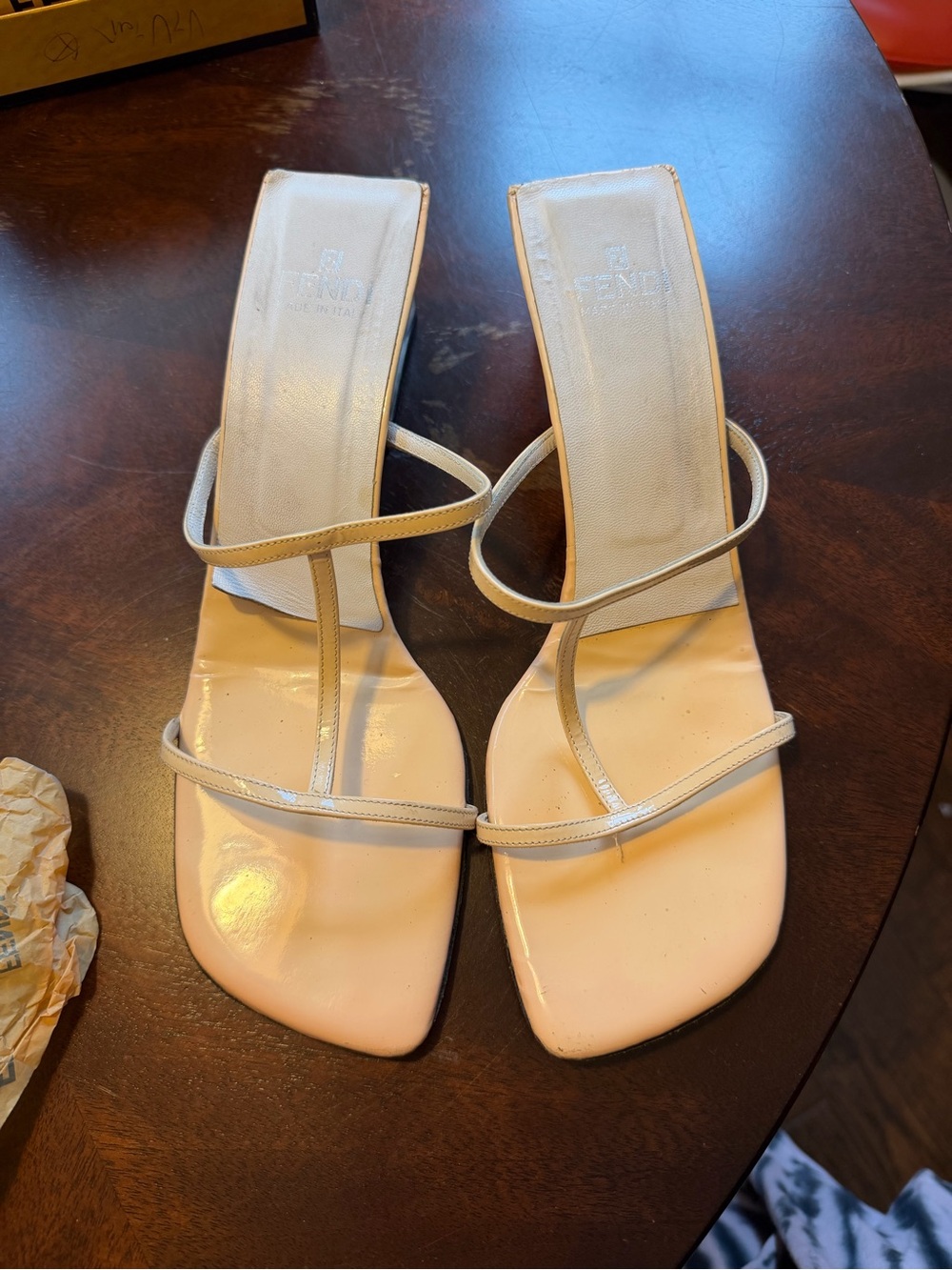 Fendi Nude Patent Leather Strappy Clear Block Heel Sandals Vintage Y2K